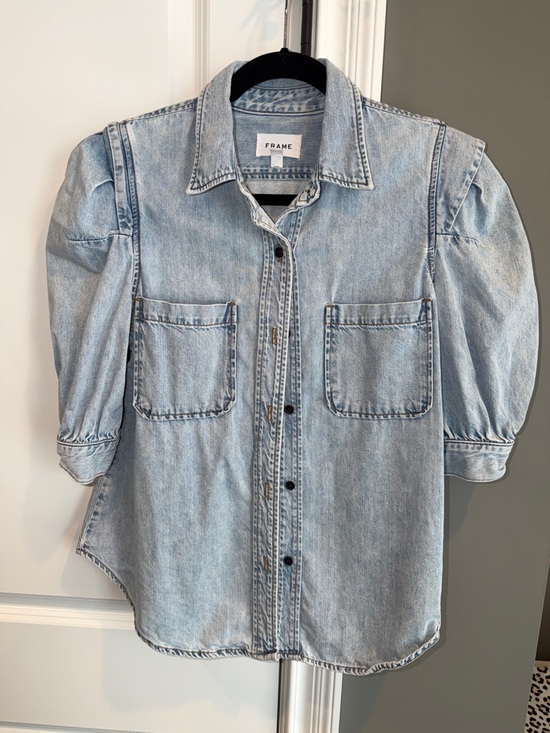 Frame Denim Tops - Frame Denim Light Blue Denim Puff-Sleeve Button-Up Shirt
